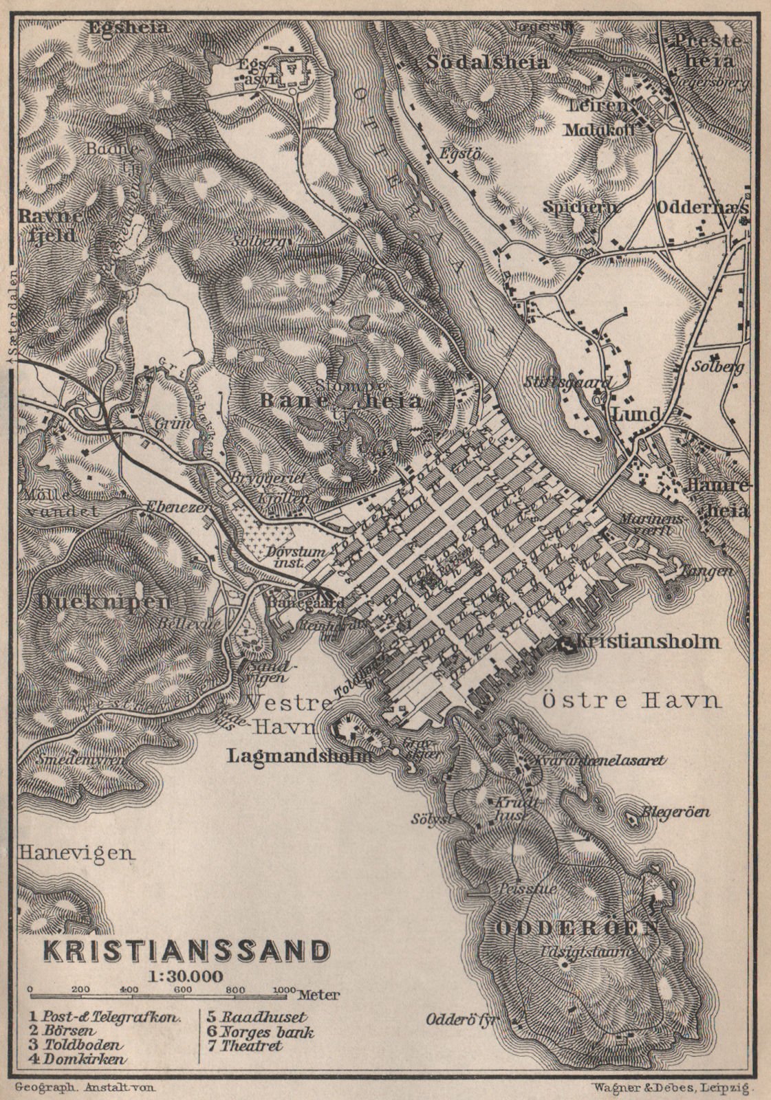 KRISTIANSAND antique town city byplan. Norway kart. BAEDEKER 1899 old map